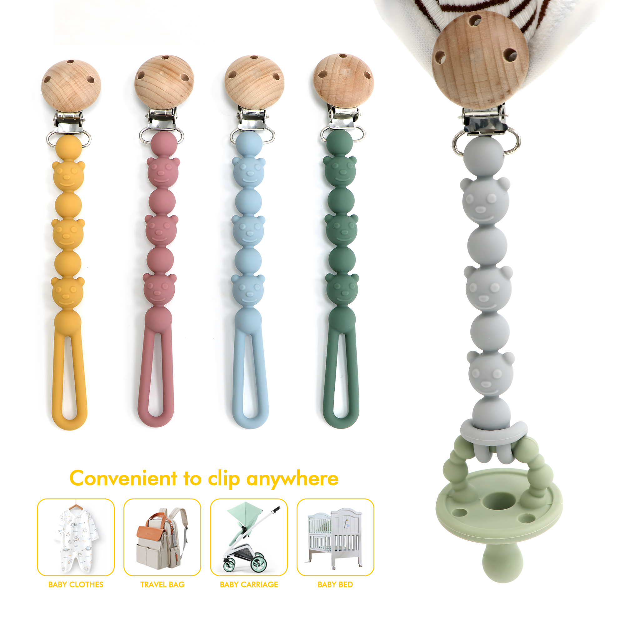 Baby Products Essentials - Silicone Pacifier Clips with One-piece bear